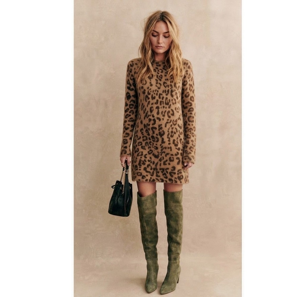 Sezane Leopard Print Mohair Blend Tunic Sweater Dress Brown M Cozy Chic Luxury
